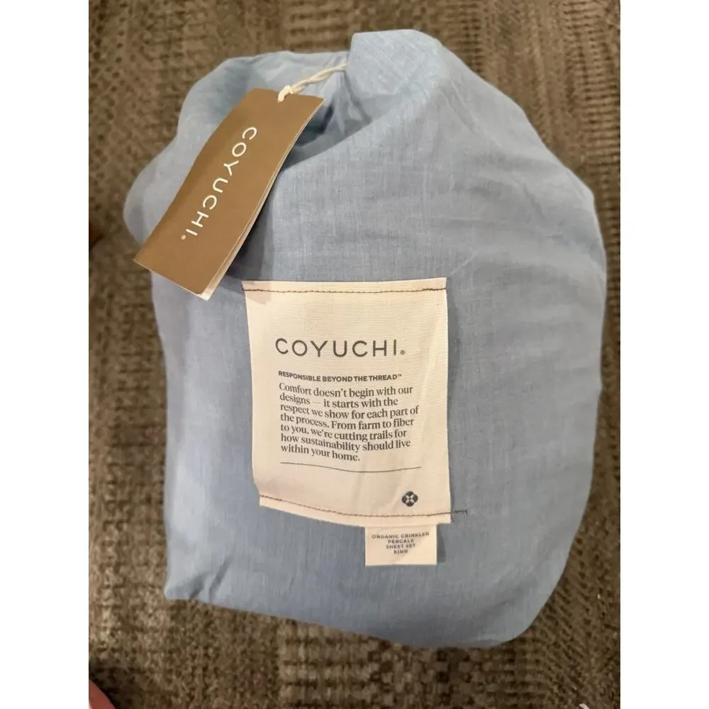 Coyuchi Organic Crinkled Percale Sheet Set 4 Piece King Surf Chambray Blue NWT